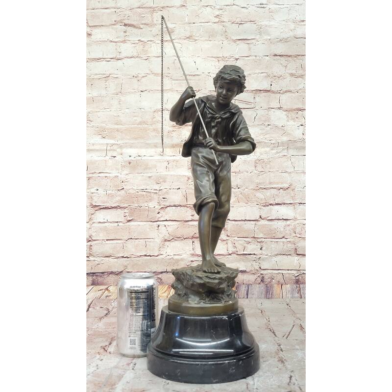 Bronze Sculpture Of A Boy Fishing By Rancoulet - Handmade Statue On Marble Base