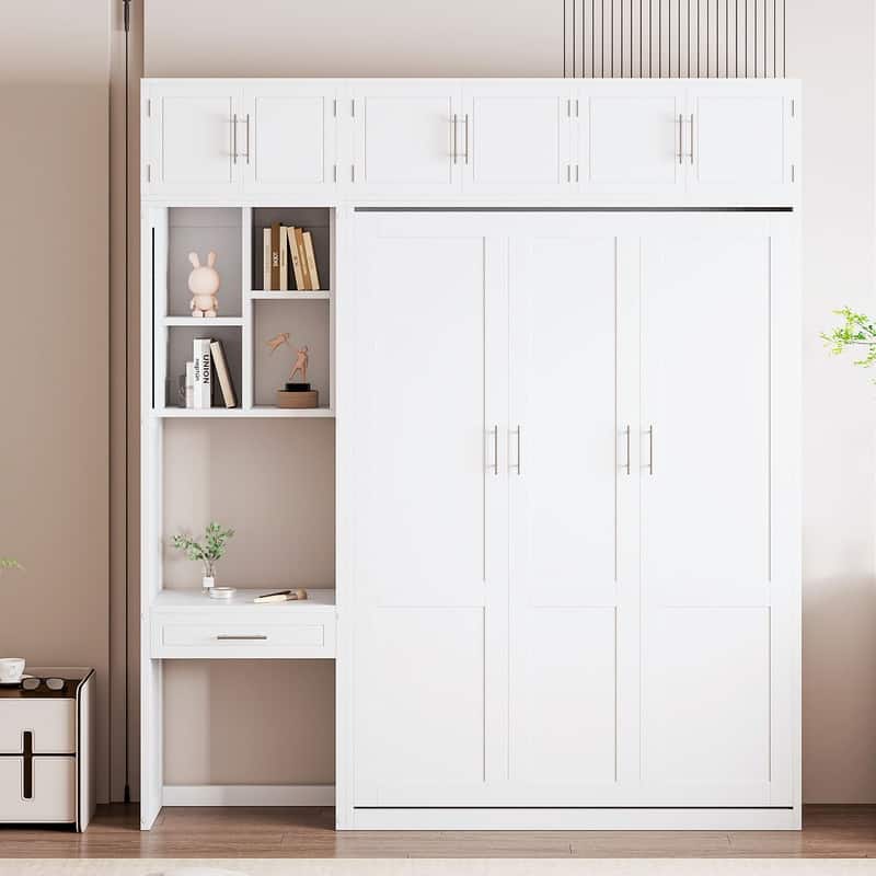 Full Size Wall Murphy Bed with Desk, Top Cabinet and Storage Shelves, Space Saving Foldable Bed,White