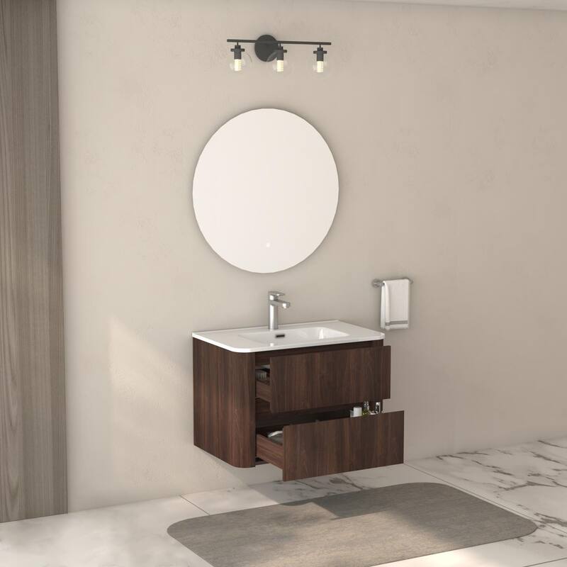 30" Wall Mounted Bathroom Vanity with Sink Floating Vanity Two Drawers Bathroom Cabinet with Ceramic Integrated Sink