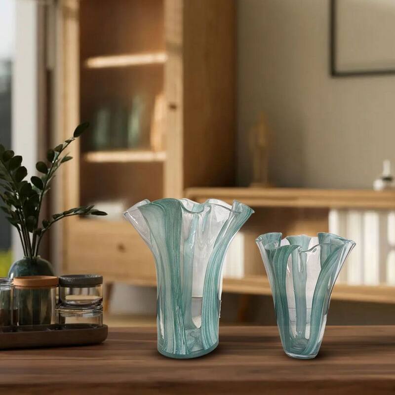 Set of Two Green Striped Handblown Glass Vases