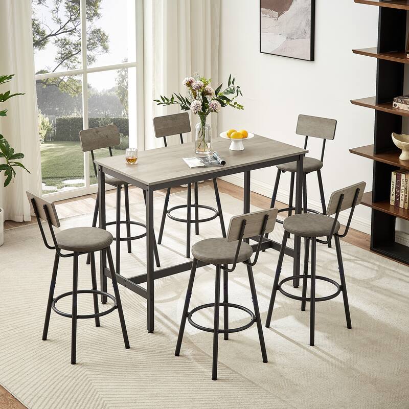 7-Piece Bar Dining Table and Chair Set, Industrial Design with 6 PU Upholstered Stools