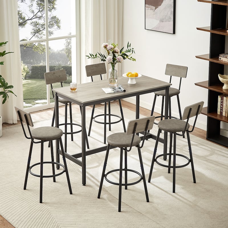 Bar Table and Chairs Set for 6, Dining Table 7 Piece Set, Pub Counter Height Table w/6 PU Leather Bar Chairs for Breakfast Nook