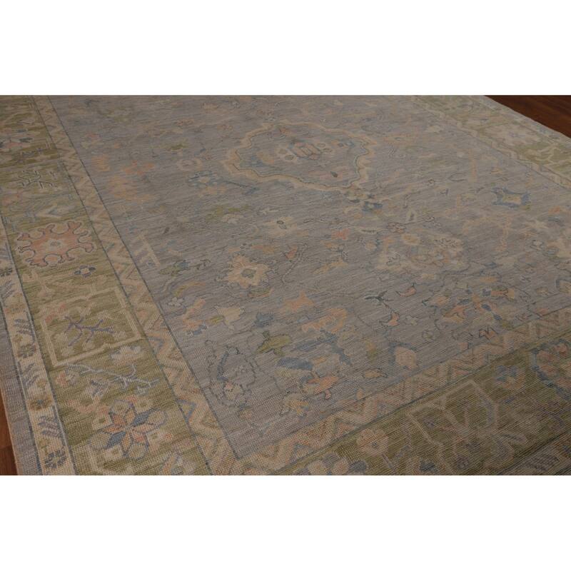 Vegetable Dye Oushak Turkish Area Rug Hand-Knotted Grey Wool Carpet - 9'5"x 12'1"