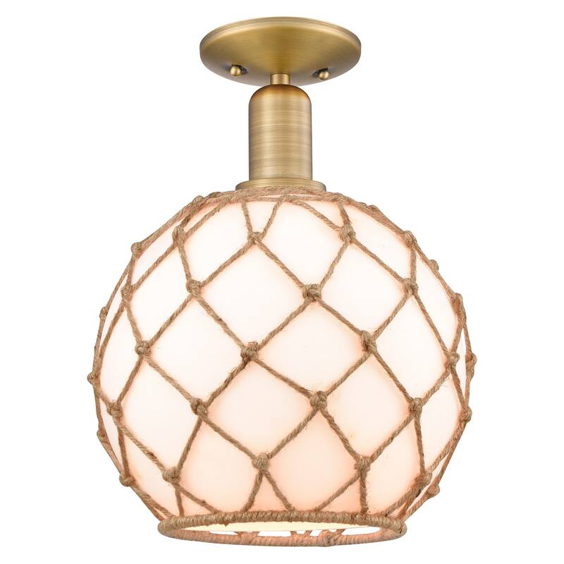 Innovations Lighting 716-1C-14-10 Farmhouse Rope Semi-Flush Farmhouse - Brushed Brass / White Glass with Brown Rope