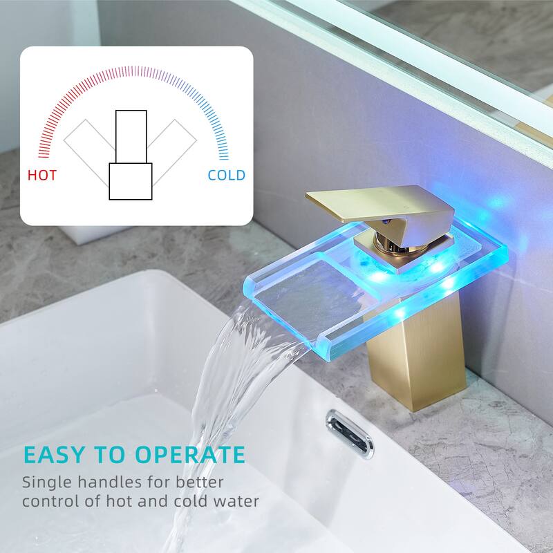 Bathroom Sink Faucet LED Light Changing Waterfall Glass Spout Mixer Single Handle One Hole Deck Mounted Bathroom Faucet