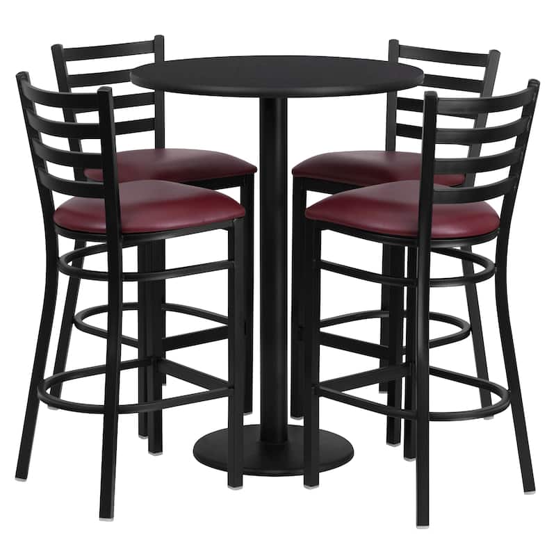 30'' Round Laminate Table Set with Round Base and 4 Ladder Back Metal Barstools - black top/burgundy vinyl seat
