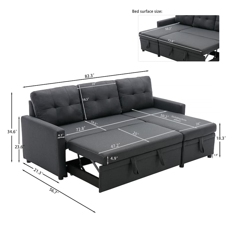 Modern Pull Out Sectional Sofa Bed Couch with Storage Chaise for Living Room