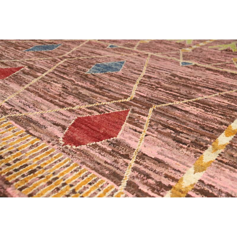 Geometric Moroccan Oriental Large Rug Hand-Knotted Pink Wool Carpet - 10'1" x 13'10" - 10'1" x 13'10" - Pink