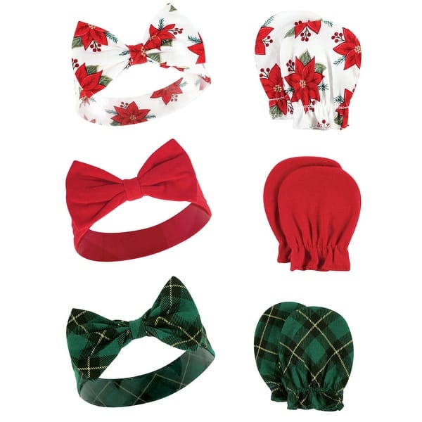 slide 1 of 1, Hudson Baby Infant Girl Cotton Headband and Scratch Mitten Set, Poinsettia, 0-6 Months - Poinsettia Poinsettia - 0-6 Months
