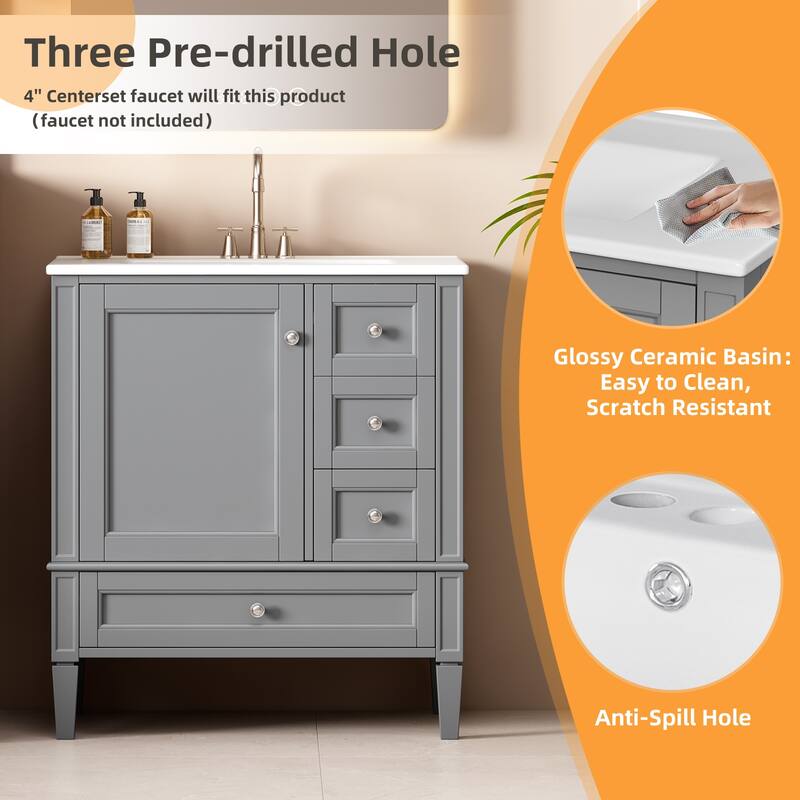GDFStudio - Melshire Modern Freestanding Bathroom Vanity with Ceramic Sink and 3 Drawer Storage, Ideal for Home - 30'W