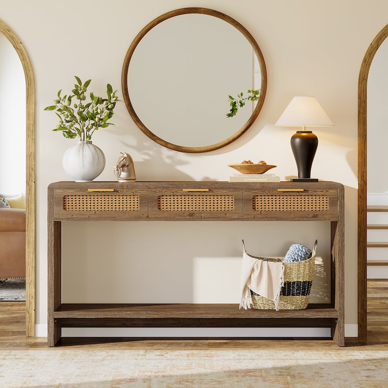 55" Narrow Console Sofa Table with 3 Rattan Drawers and 2-tier Storage Shelf - 13.78" D x 55.12" W x 32.68" H
