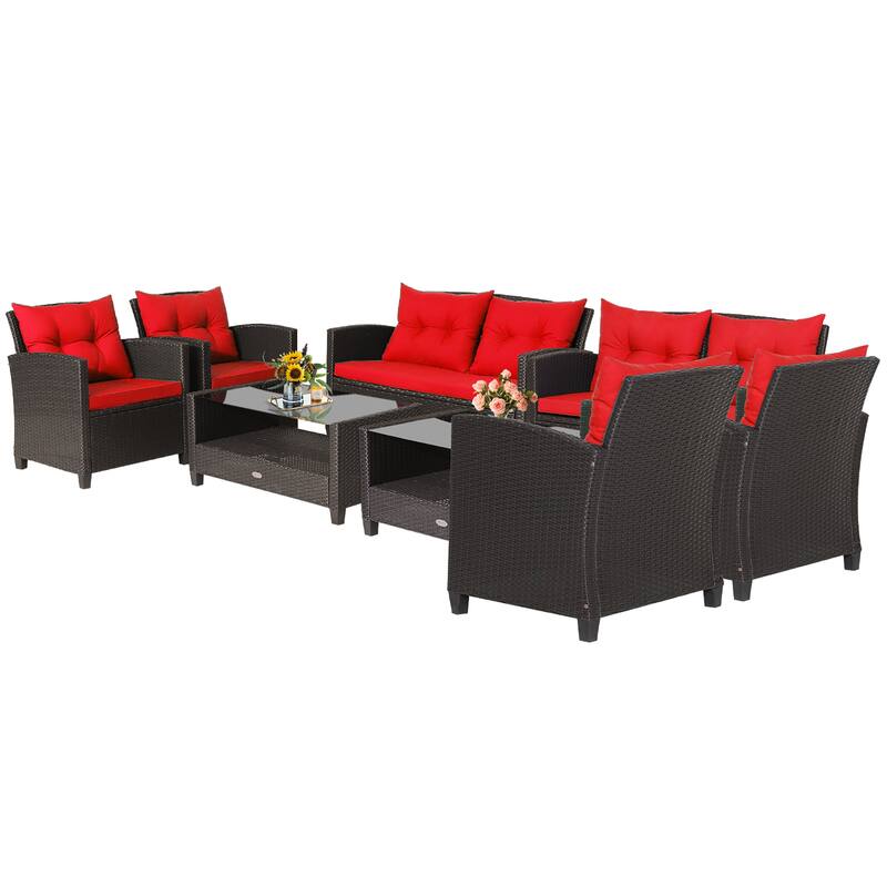8 PCS Patio Rattan Furniture Set Glass Table Shelf Sofa Cushion