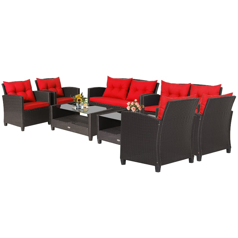 Costway 8 PCS Patio Rattan Furniture Set Glass Table Shelf Sofa - See Details