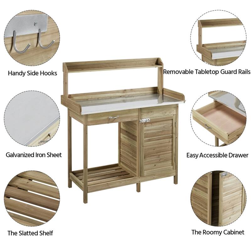 Yaheetech Fir Wood Potting Bench with Metal Tabletop