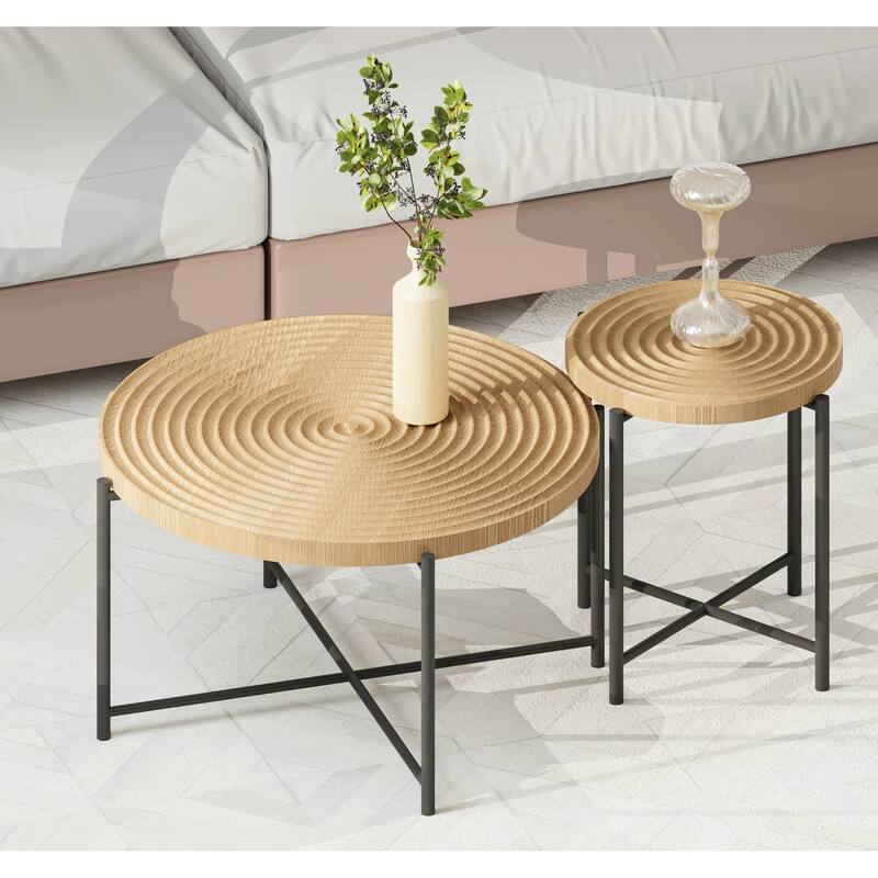 2-Piece Coffee and End Table Set - Waterproof MDF with PVC Cover, Distressed Cylindrical Design