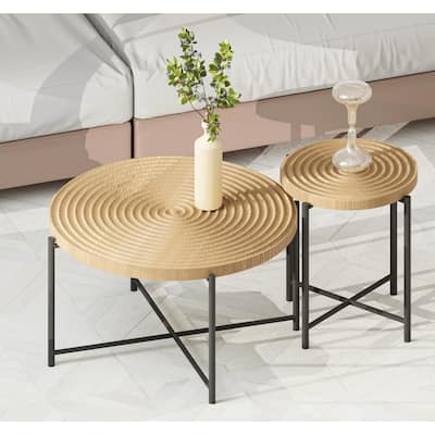 2-Piece Coffee and End Table Set - Waterproof MDF with PVC Cover, Distressed Cylindrical Design