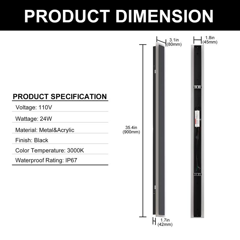 YANSUN Outdoor Wall Light, Rectangular Shape, 3000K LED, Satin Black Finish for Modern Exterior Lighting - 3.1*1.7*35.4