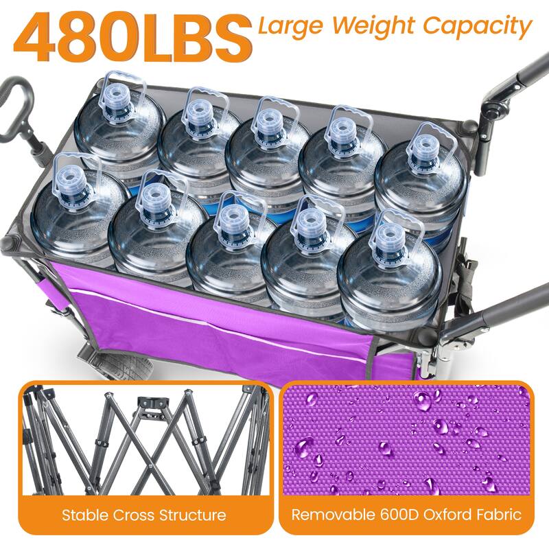 Multi-Functional Push-Pull Folding Wagon Cart with Rotating Handle & Canopy,7"x4"All-Terrain Wheels & Brakes,300L Large Capacity