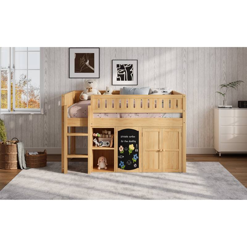 Roomfitters Full Size Loft Bed with Storage Cabinet, Open Shelves and Chalkboard Panel
