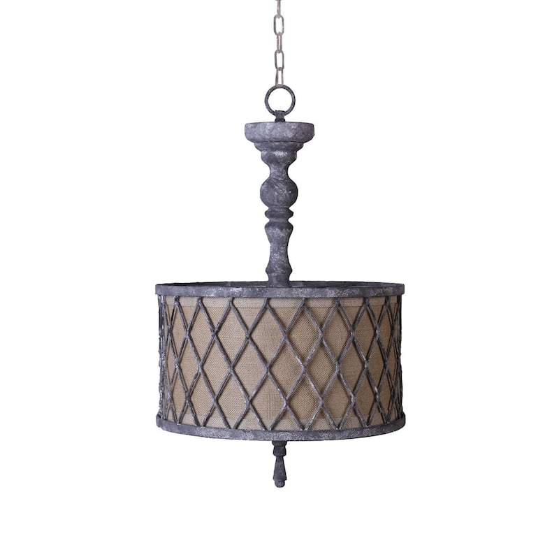 HomeRoots Gray Drum Distressed Galvanized Metal Dimmable Chandelier With Natural Shade - 26.00' X '16.00' X '26.00