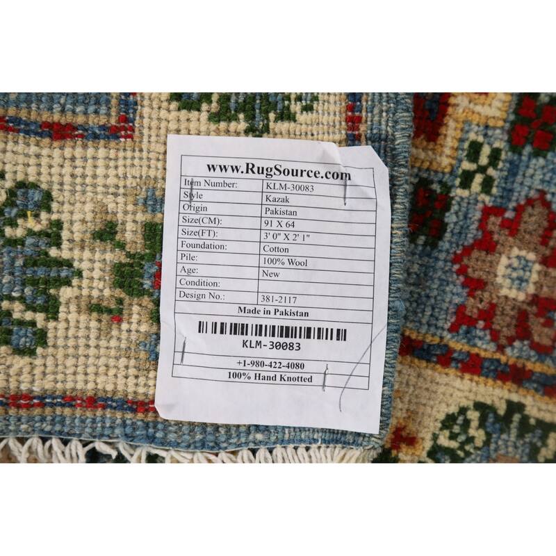 Light Blue Kazak Oriental Accent Rug Hand-Knotted Wool Carpet - 2'1" x 3'0"