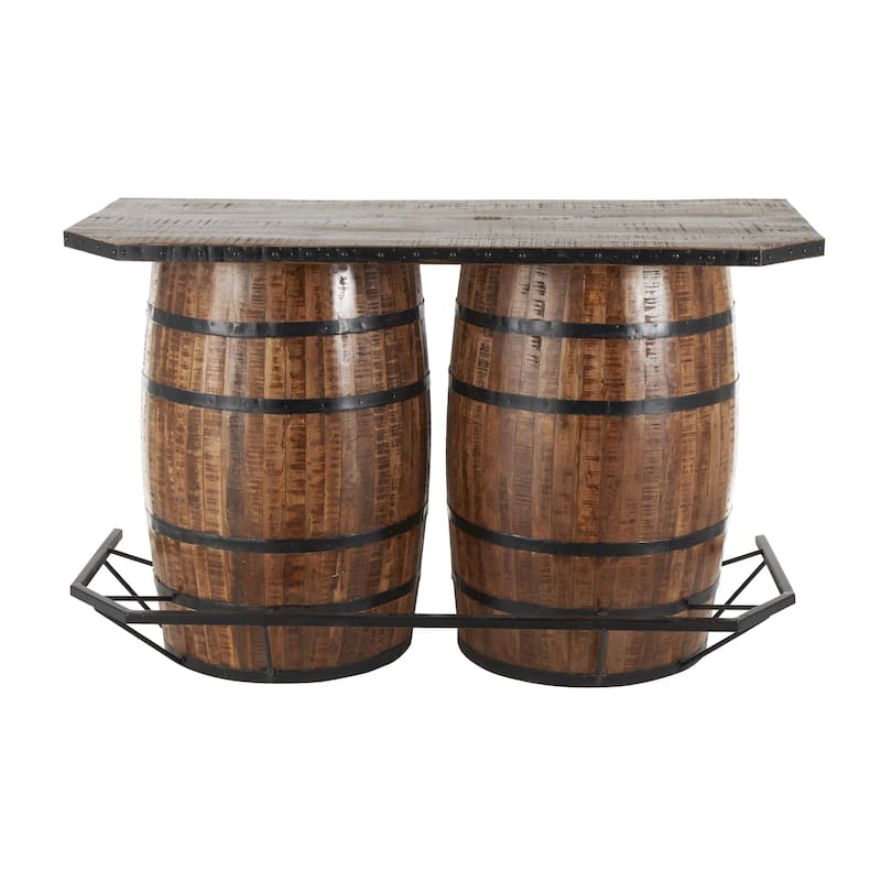 Mango Wood Barrels Bar with Live Edge Tabletop and Black Metal Support - Brown - Roche River Decor