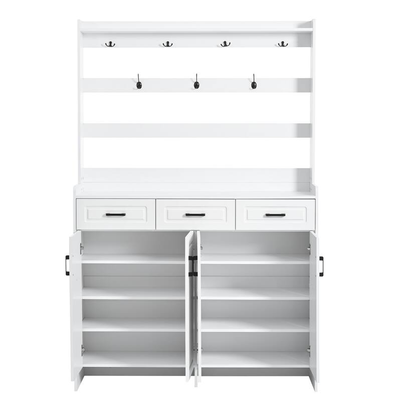 Roomfitters 51.2" Shoe Cabinet with Coat Rack, 4 Doors, 3 Drawers, 8 Shelves, Storage Organizer