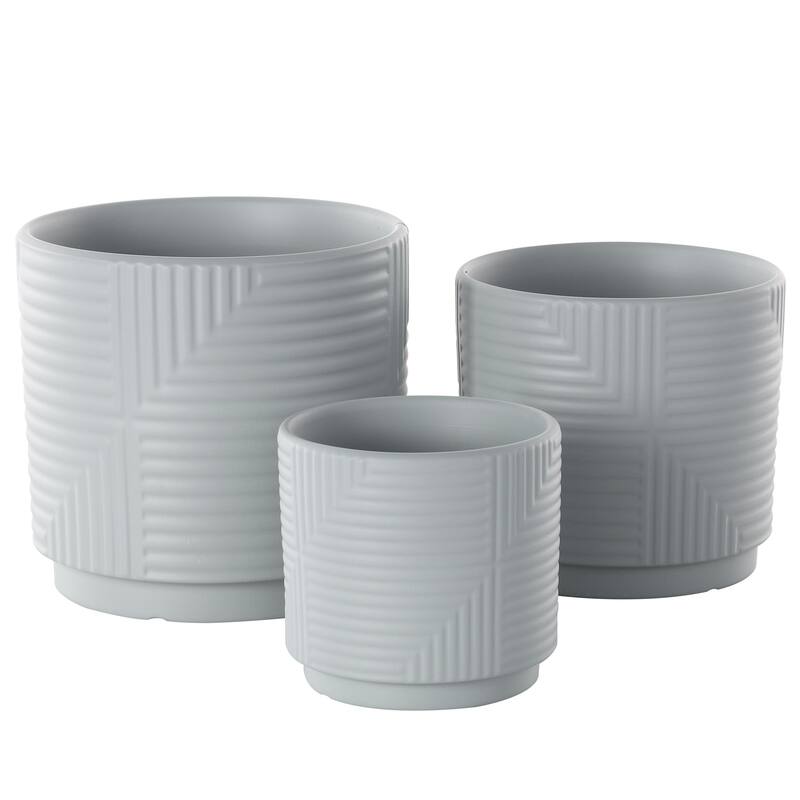Ceramic Geometric Indoor Outdoor Planter with Layered Square Shaped Grooves - Set of 3 Pink, Cream or Gray - Roche River Decor