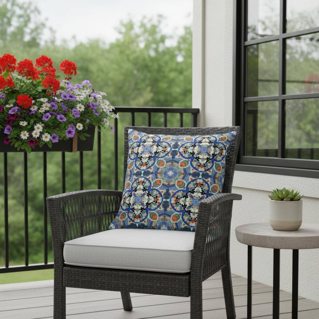 HomeRoots Set of Two 16" X 16" Blue and Orange Blown Seam Floral Indoor Outdoor Throw Pillow - 16.00' X '16.00' X '5.00