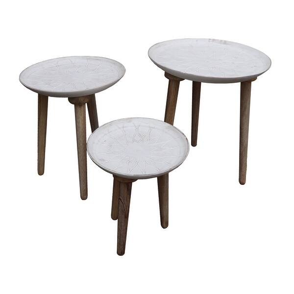 Mango Wood Bowl Top Side End Coffee Table With Angled Tripod Base Set Of 3 White And Brown Overstock 31606406