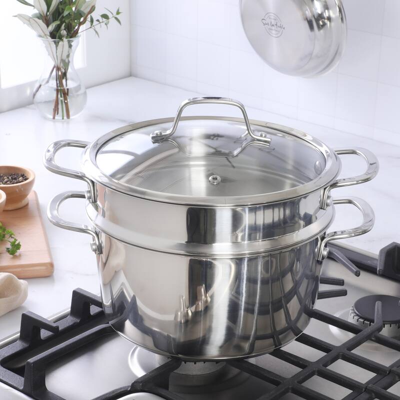 Sur La Table Kitchen Essentials 3-Piece 5.3-Quart Stainless Steel Dutch Oven with Steamer Insert & Glass Lid