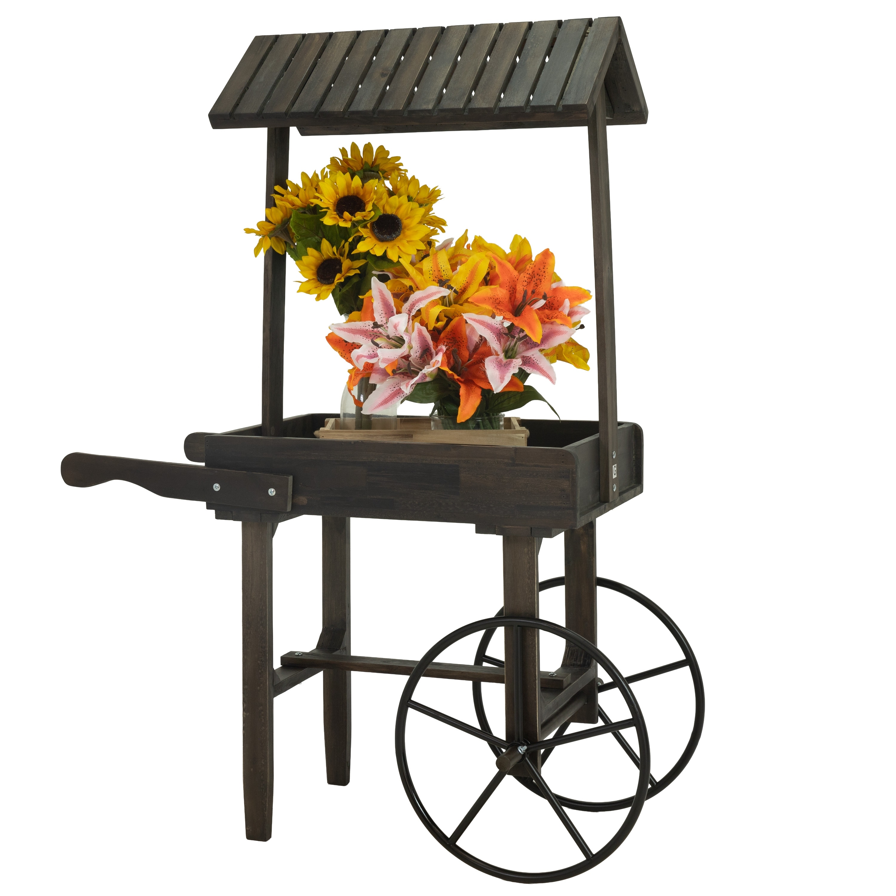 Sunnydaze Rustic, Vintage Flower Cart Display Stand with Wheels - Brown