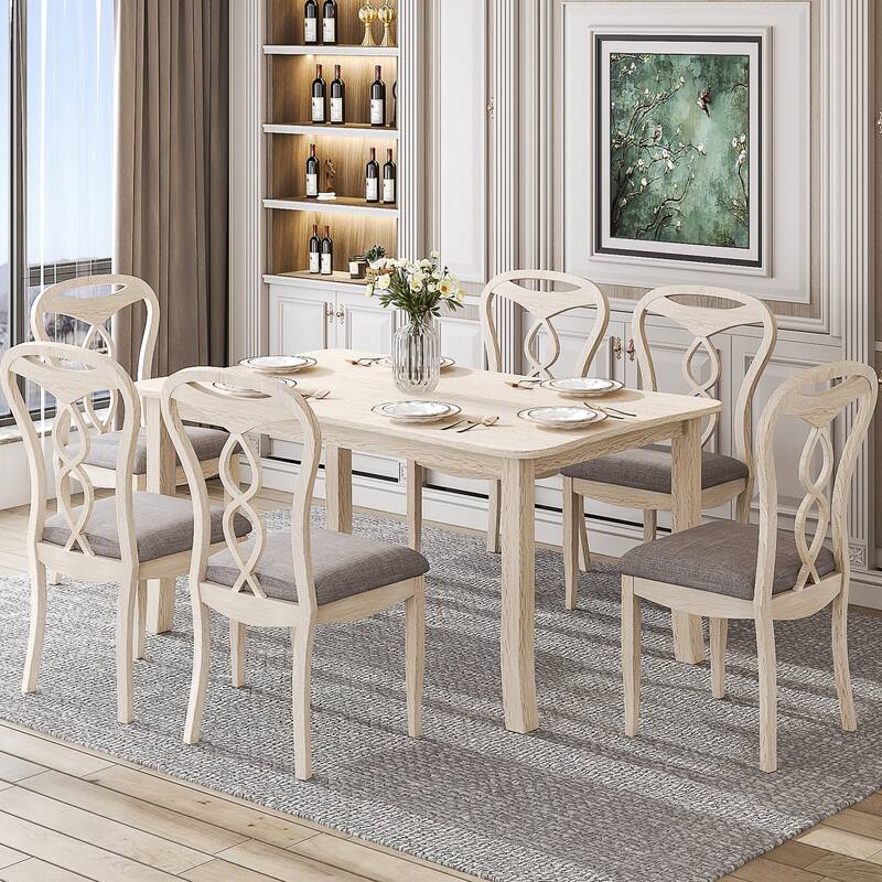 Javlergo Mid-Century Modern Solid Wood Dining Table Set for 4/6, Rectangular Kitchen Table and Chairs, Upholstered Dining Set - 7-Piece