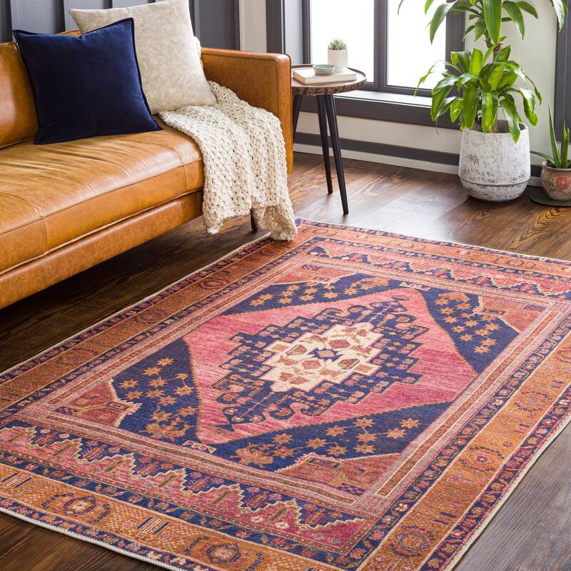 Livabliss Hollister Machine Washable Traditional Diamond Area Rug - 5'3" x 7'3" - Rose/Dark Blue