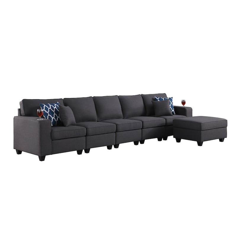 Linen Upholstered 5-Seater Sofa with Ottoman in Dark Gray