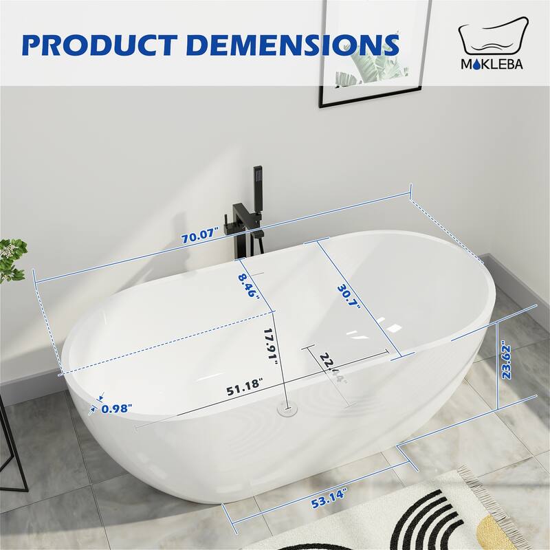 70 in. Acrylic Flatbottom Non-Whirlpool Bathtub Freestanding Soaking Center Drain in White