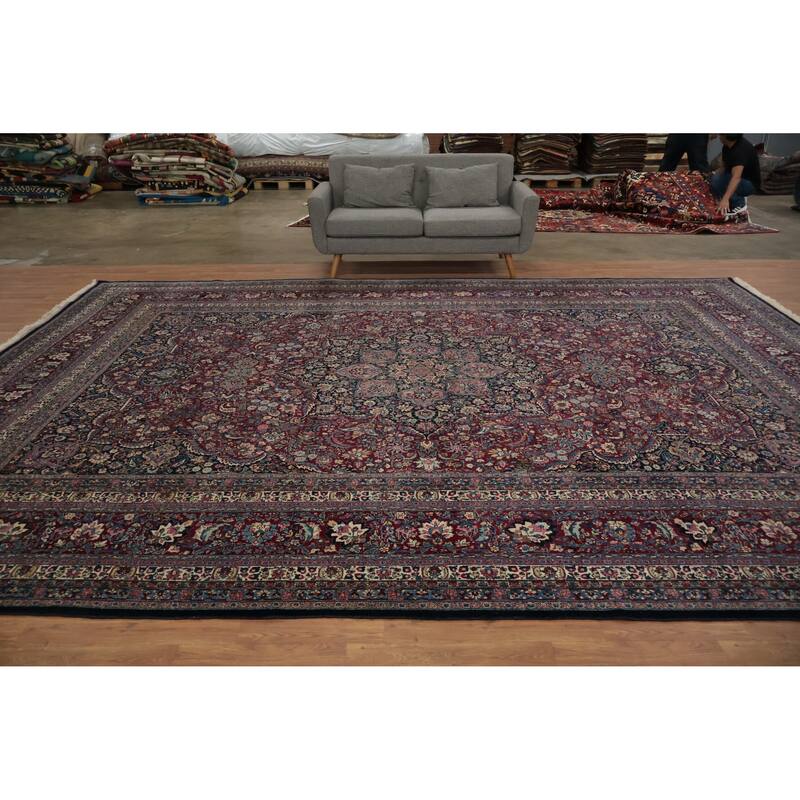 Hand Knotted Oriental 100% Wool Carpet Traditional Floral Red Mashad Area Rug - 15' 6'' X 11' 6''