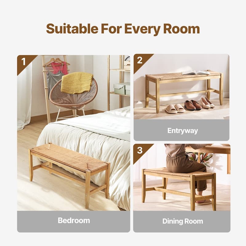 Woven Rattan Bench for Entryway Living Room or Bedroom Furniture - 40.0 x 15.0 x 17.9in