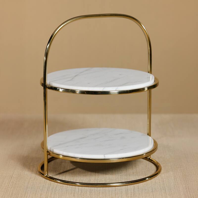Elegant Round Marble and Metal 2-Tier Cake Stand