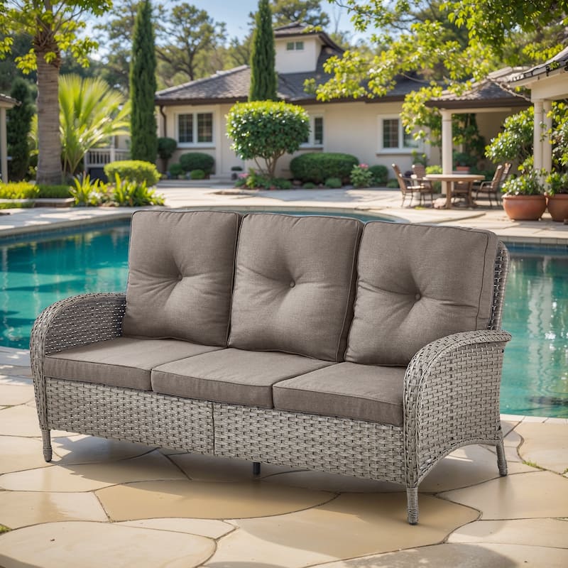 3-Seat Patio Wicker Sofa with Cushion - Grey - Grey