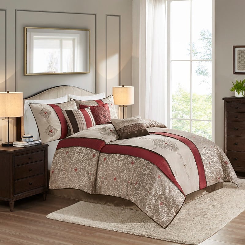 7 Piece Jacquard Comforter Set with Throw Pillows - Red - Queen