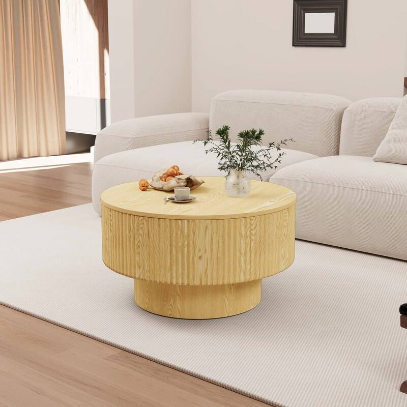 29.53" MDF Modern Circular Coffee Table, with Circular Stripe Design and Storage Space, Suitable for Home & Kitchen - Natural Wood