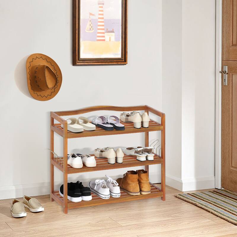 Costway 3-Tier Wood Shoe Rack Solid Acacia Wood Shoe Shelf with Side