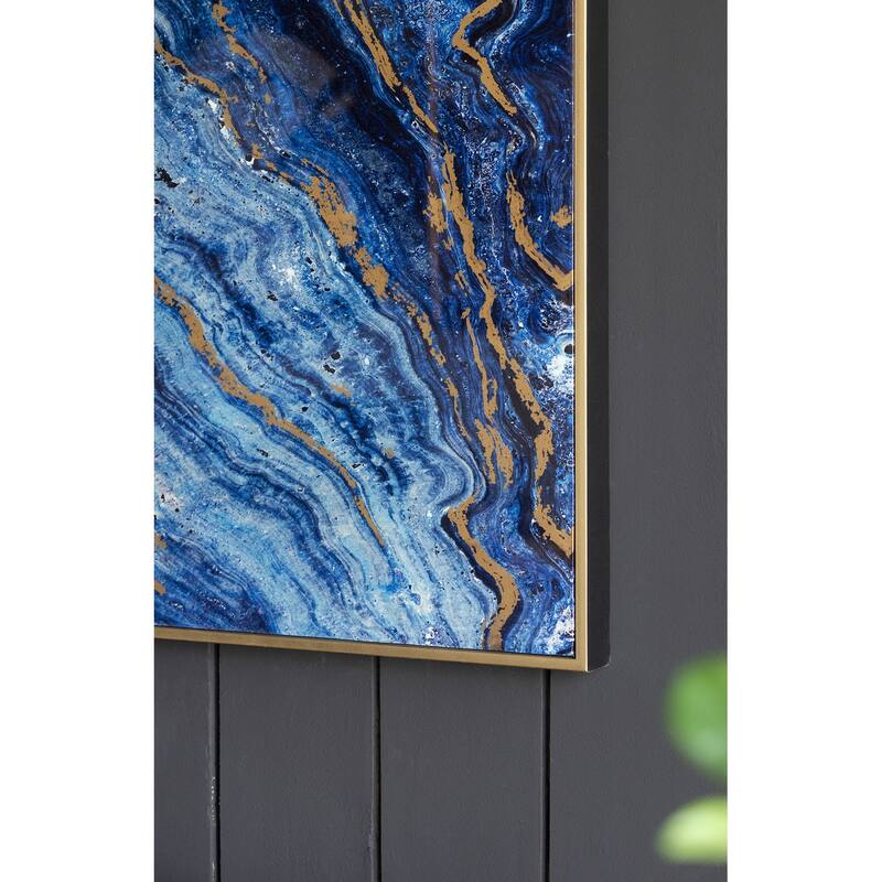 Set of 2, Modern Wall Decor Blue and Gold Framed Art Panels with Unique Marbled Design, for Home and office