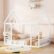 preview thumbnail 14 of 37, Full Size Floor Wooden Bed with House Roof Frame and Safety Guardrails White