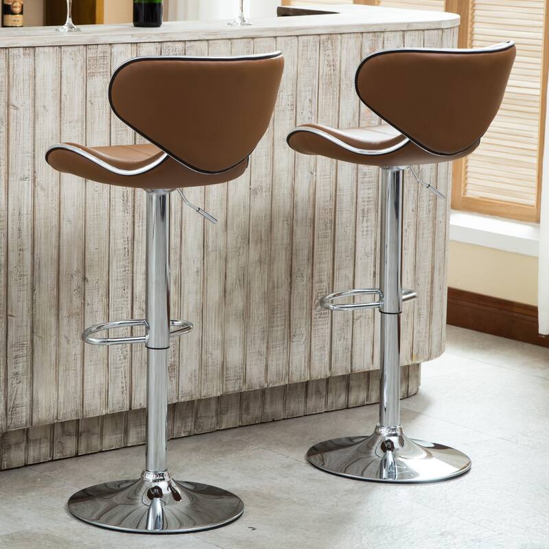 Modern Set of 2 Swivel Bar Stools with Leather Seat, Chrome Base, Height Adjustable, for Kitchen Island Dining Room
