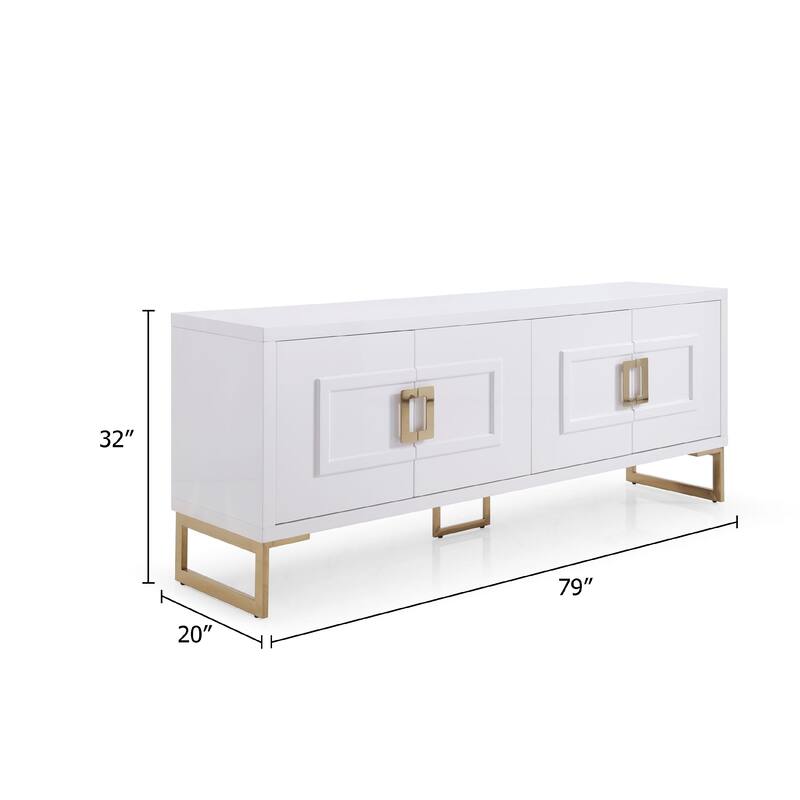 Cid Laha Sideboard Buffet Cabinet, 79 Inch, 4 Doors, White, Champagne Gold