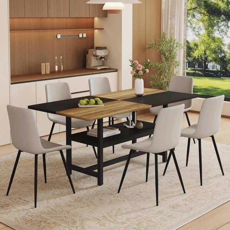 Modern 7-Piece Wood & Black Dining Table Set with Storage and 6 PU Leather Chairs - Black, Light Gray, Wood