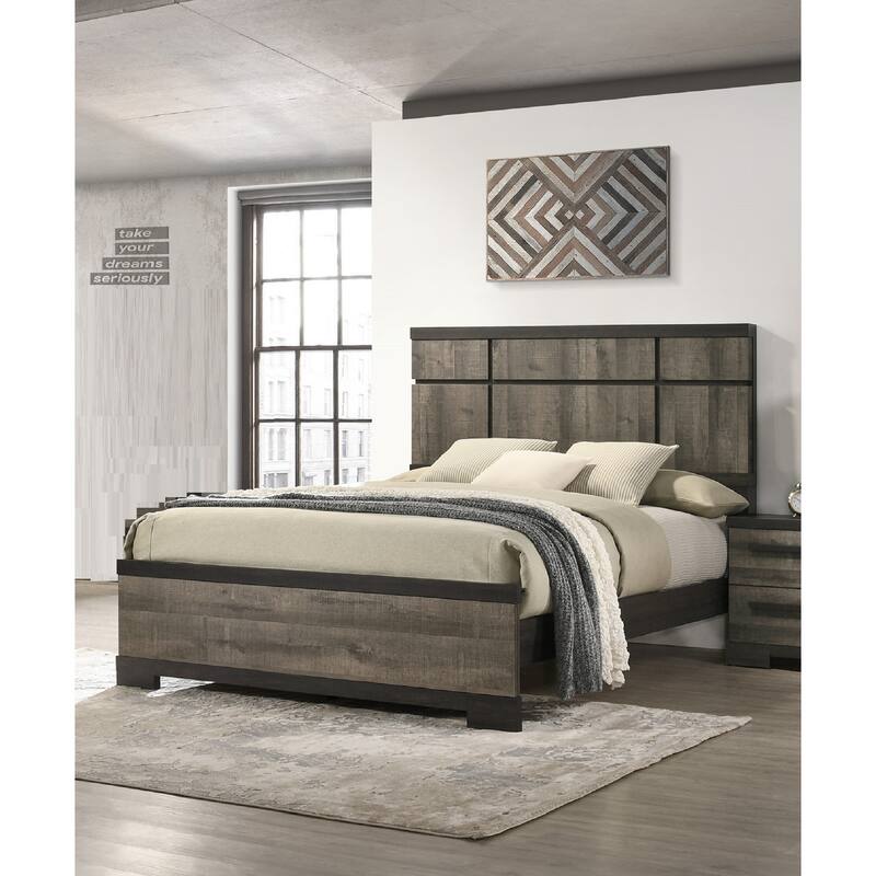 Queen Panel Bed with Gray Ebony Finish, Contemporary Wooden Headboard