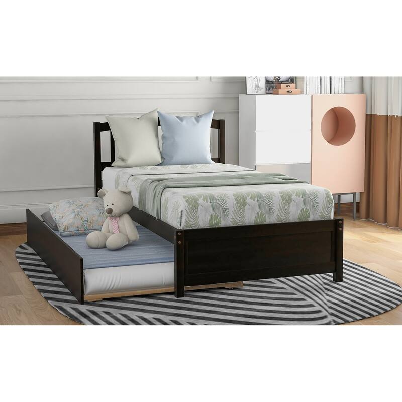 Twin size Platform bed Wood bed Frame with Trundle, Espresso